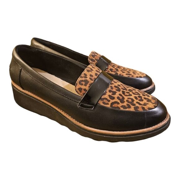 SOLD!! CLARKS Sharon Gracie Black Leather Leopard Wedge Loafers - Size 12 Wide - Picture 1 of 8
